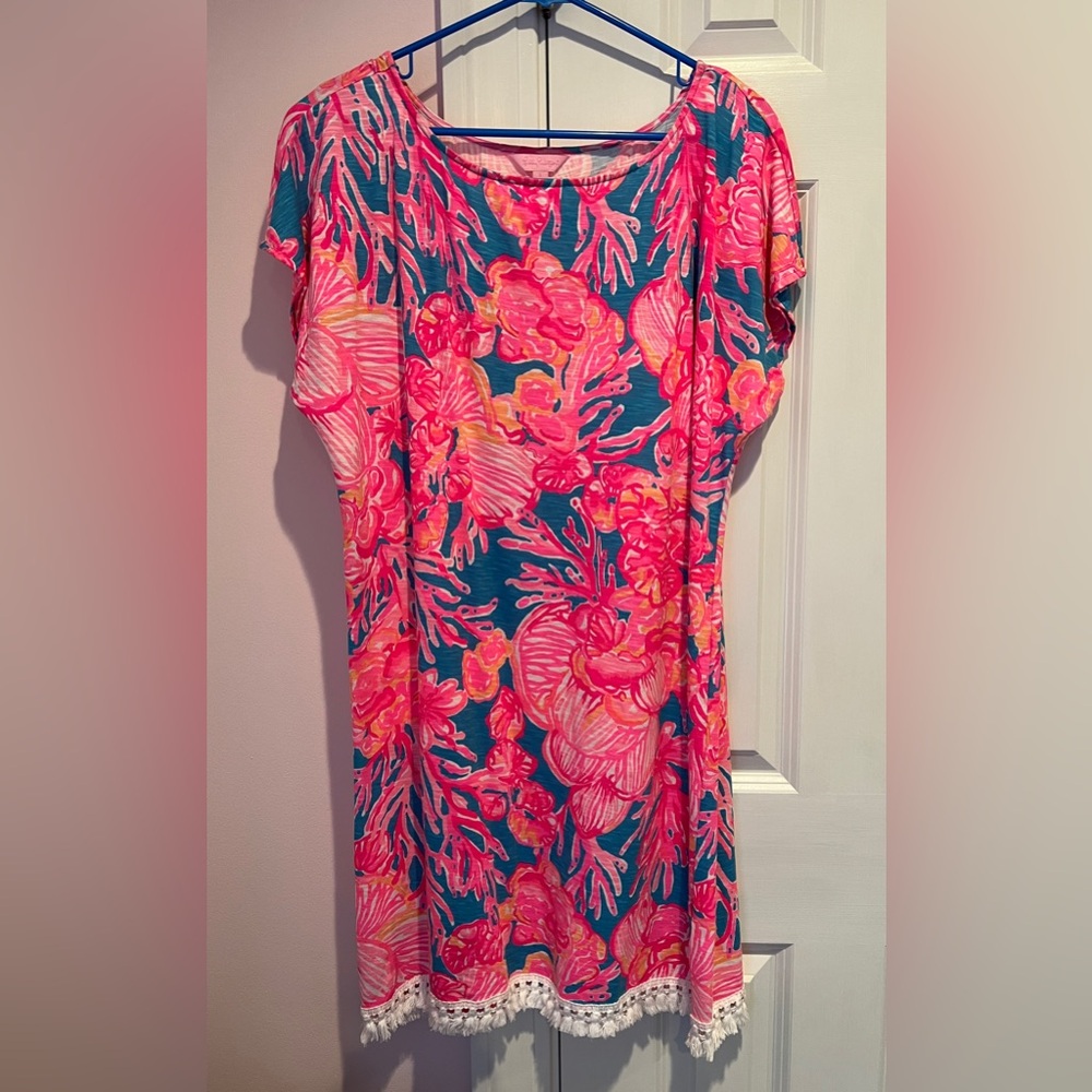 EUC Lilly Pulitzer L Tilla Dress Sparkling Blue Fan Tastic